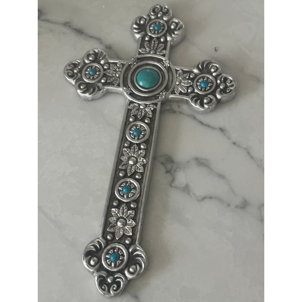 Decorative Ornate Metal Cross with Blue Gems